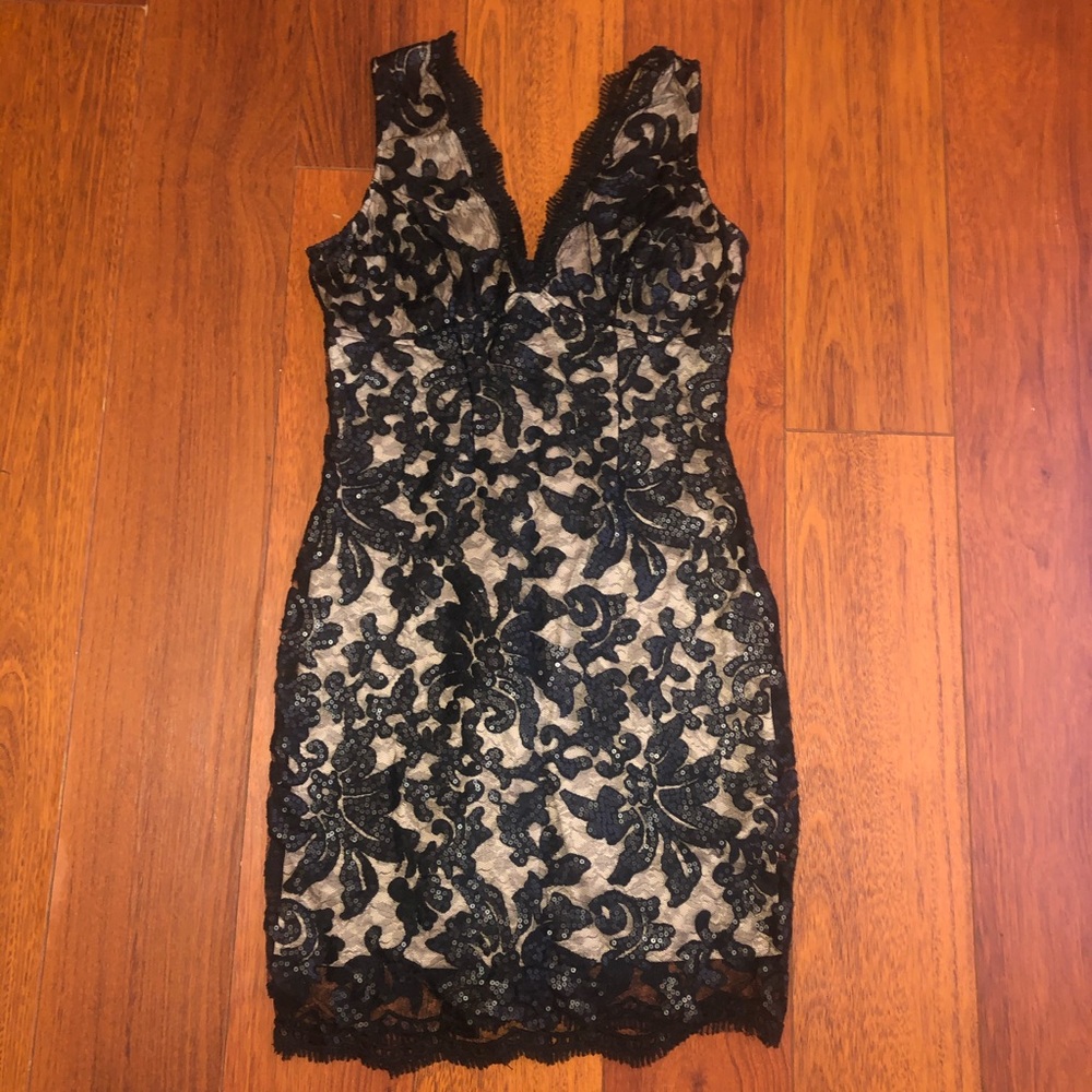 Black and Tan Sequined Cocktail Dress